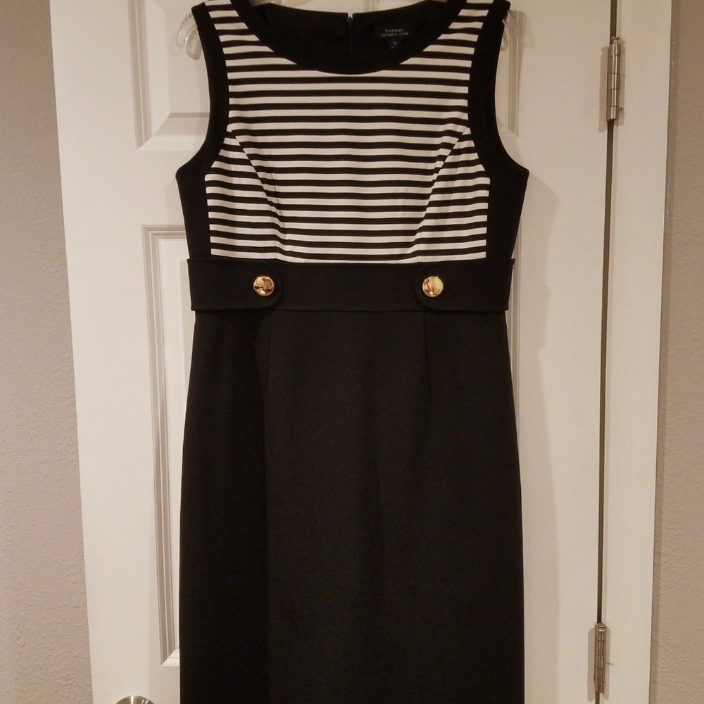 Black and White Dress with Brass Buttons & Stripes